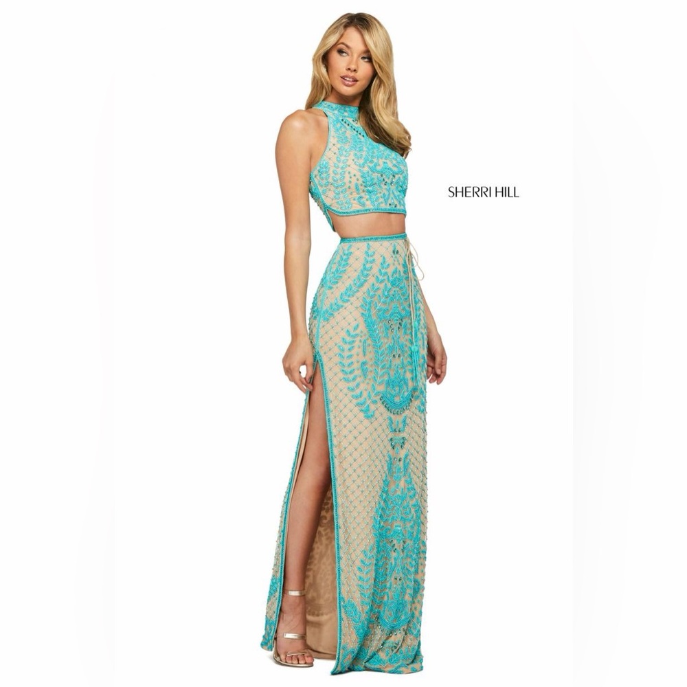 Sherri Hill Turquoise and Nude Beaded 2 piece Dress